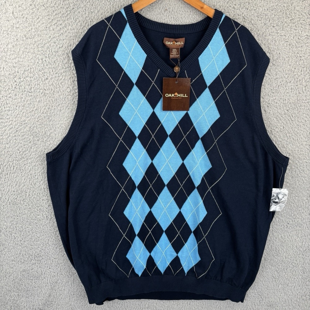 NEW Oak Hill Sweater Vest Mens 3XL‎ Navy Argyle Golf Casual 100% Cotton DXL